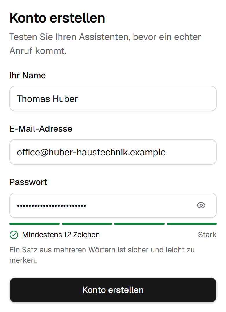 Registrierung in der App: Name, E-Mail-Adresse und Passwort (Beispiel)